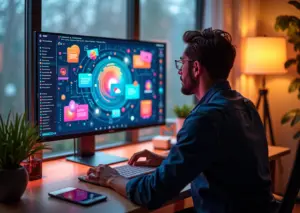 Дизайнер за компьютером использует нейросети Midjourney и Stable Diffusion для создания изображений в условиях фриланса и удалённой работы