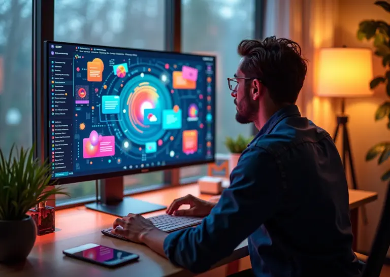 Дизайнер за компьютером использует нейросети Midjourney и Stable Diffusion для создания изображений в условиях фриланса и удалённой работы
