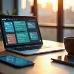 Современное рабочее место IT-фрилансера с ноутбуком и смартфоном, отображающим различные платформы для поиска заказов и профессиональные сети