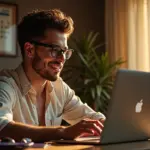 IT-фрилансер работает за ноутбуком в домашнем офисе рядом с элементами отпуска как паспорт и солнечные очки