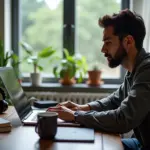 ИТ-специалист работает за ноутбуком дома в окружении технологий, символизируя фриланс и удалённую работу