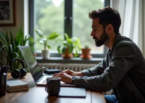 ИТ-специалист работает за ноутбуком дома в окружении технологий, символизируя фриланс и удалённую работу