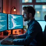 успешный IT-фрилансер за компьютером с несколькими экранами, символ глобальной удалённой работы через Toptal