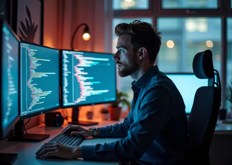 успешный IT-фрилансер за компьютером с несколькими экранами, символ глобальной удалённой работы через Toptal