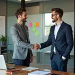 IT‑специалист возвращается в офис рукопожатие с менеджером портфолио на столе