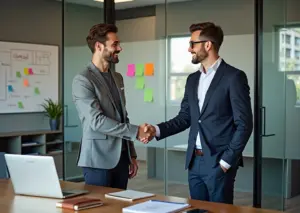 IT‑специалист возвращается в офис рукопожатие с менеджером портфолио на столе