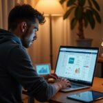 Фрилансер за ноутбуком с открытыми интерфейсами WordPress и 1C‑Bitrix, документы и графики роста дохода на столе