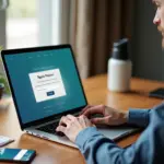 Фрилансер за ноутбуком получает предоплату: экран с договором и уведомлением, смартфон и банковская карта на столе