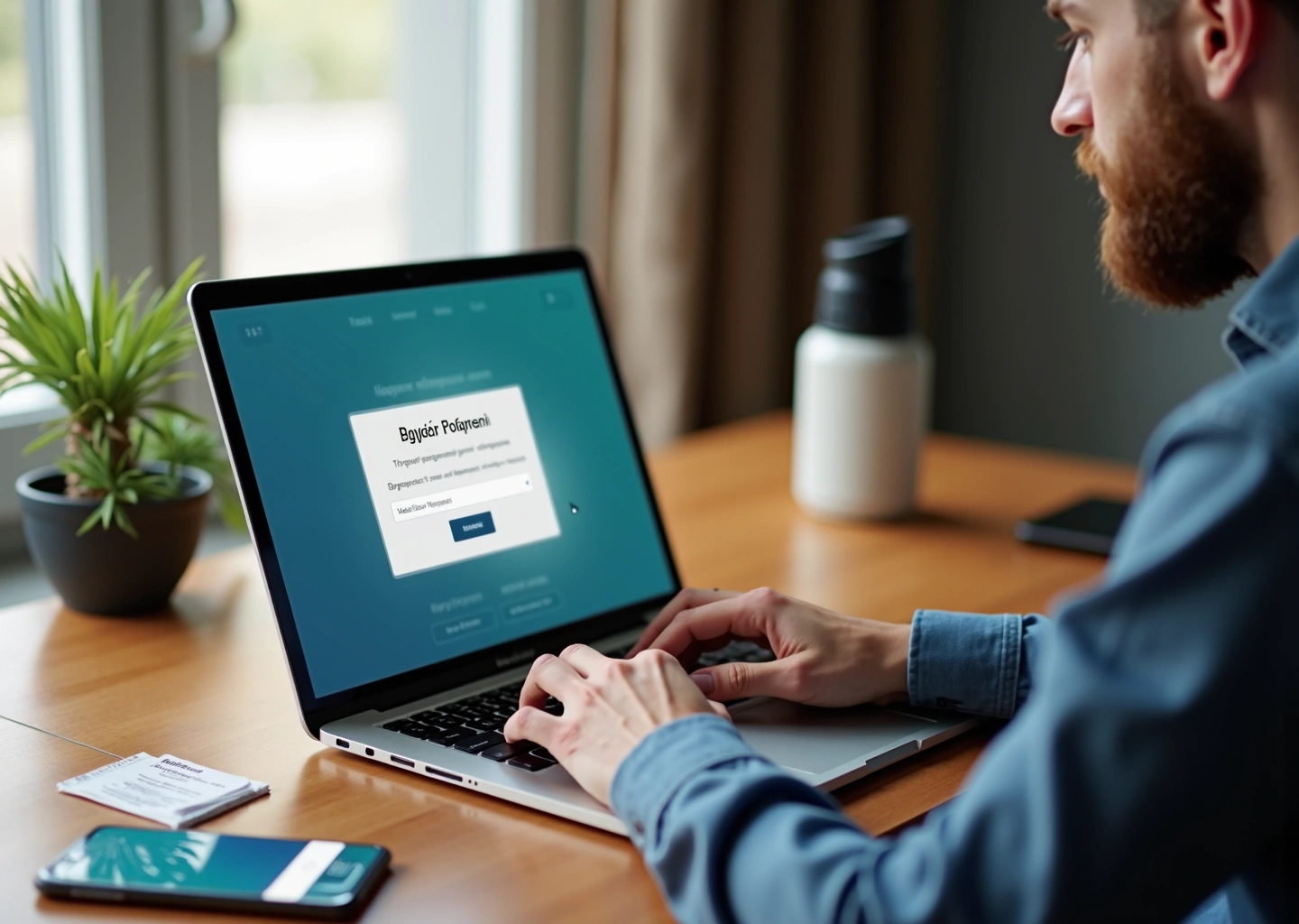 Фрилансер за ноутбуком получает предоплату: экран с договором и уведомлением, смартфон и банковская карта на столе