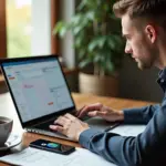 Project‑менеджер за ноутбуком с Kanban на экране и приложением самозанятого на телефоне в домашнем офисе