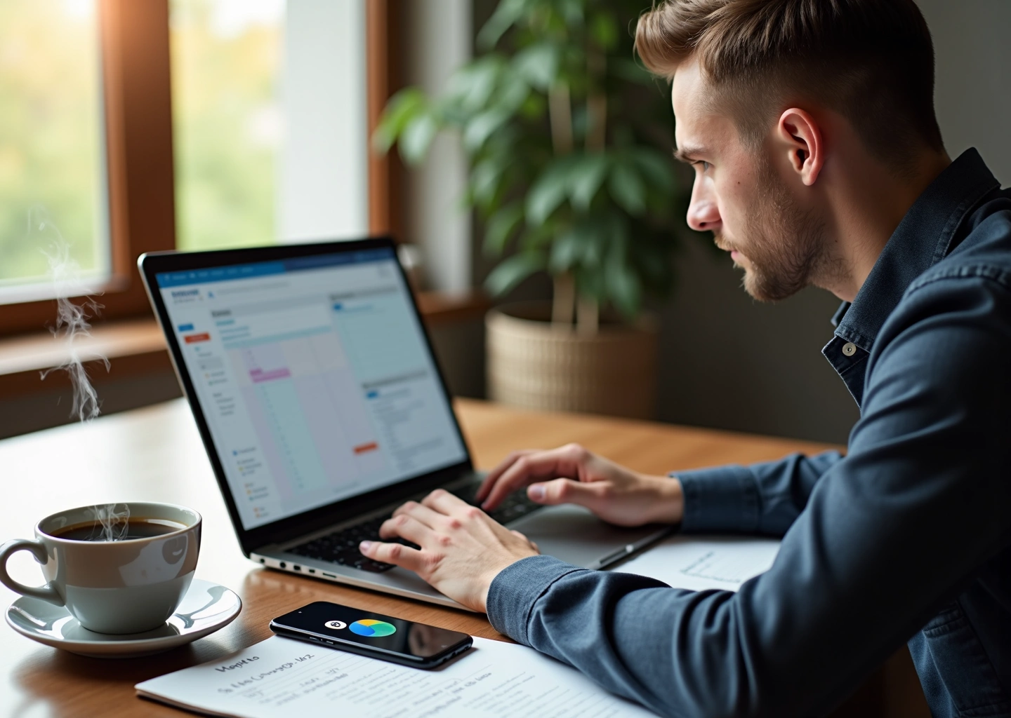 Project‑менеджер за ноутбуком с Kanban на экране и приложением самозанятого на телефоне в домашнем офисе