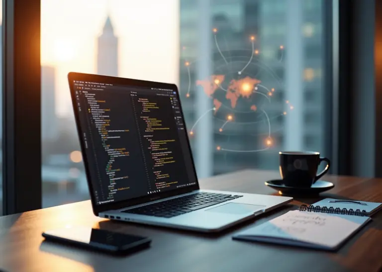 Рабочее место российского IT‑фрилансера с ноутбуком, кодом и окном перевода, смартфоном и блокнотом, символизирующее работу с локальными и международными клиентами