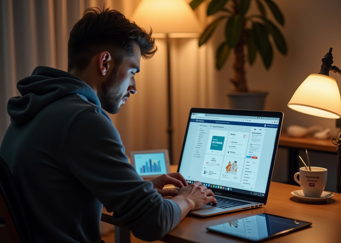 Фрилансер за ноутбуком с открытыми интерфейсами WordPress и 1C‑Bitrix, документы и графики роста дохода на столе